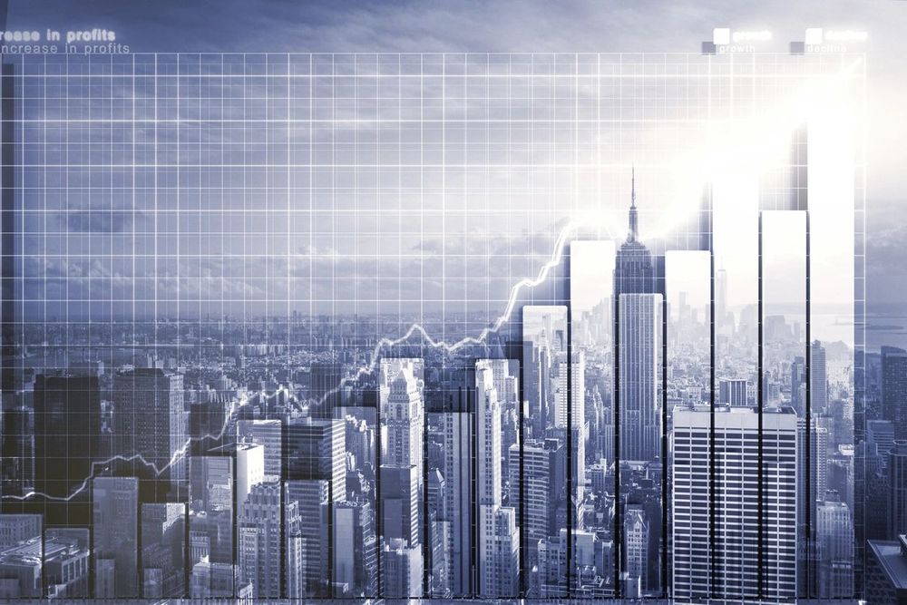City skyline with a rising growth chart